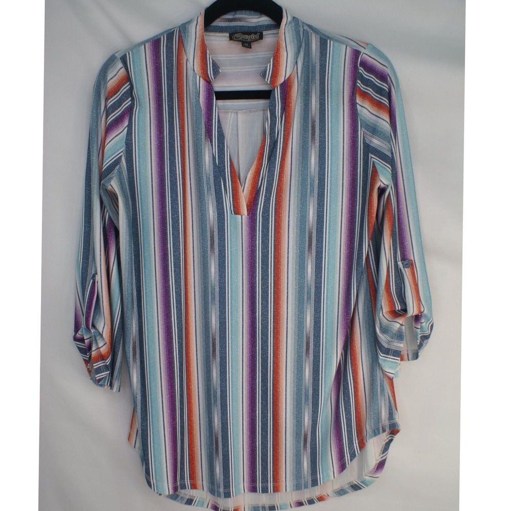 Cowgirl Hardware Womens Striped Roll Tab Sleeve V-Neck Blouse Blue Orange Medium